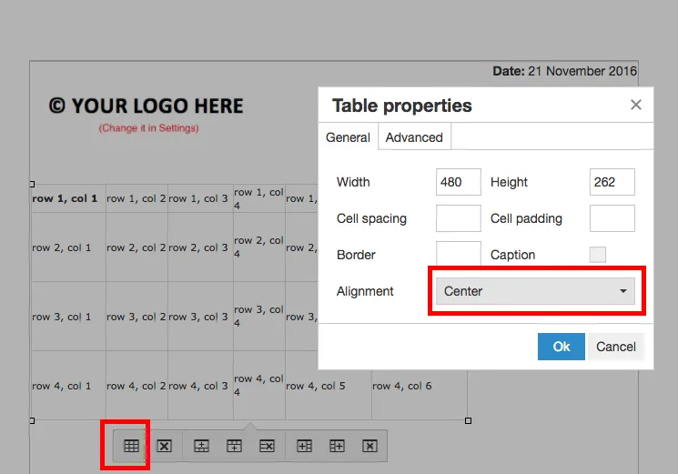 table properties menu NutriAdmin